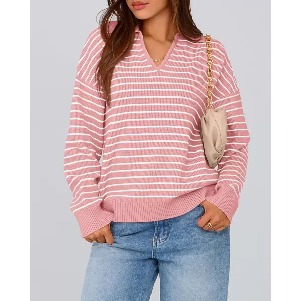 BTFBM Womens Striped Long Sleeve Sweater 2024 Fall Winter Fashion V Neck Lapel Collar Ribbed Knit Loose Pullover TopsStriped Pink