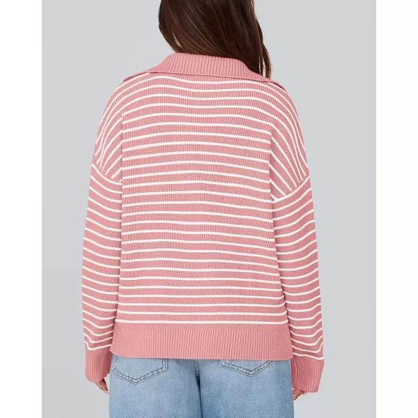 BTFBM Womens Striped Long Sleeve Sweater 2024 Fall Winter Fashion V Neck Lapel Collar Ribbed Knit Loose Pullover TopsStriped Pink