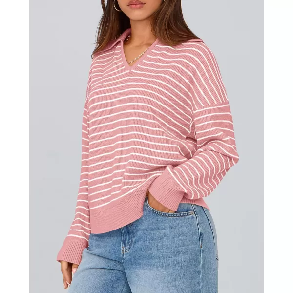BTFBM Womens Striped Long Sleeve Sweater 2024 Fall Winter Fashion V Neck Lapel Collar Ribbed Knit Loose Pullover TopsStriped Pink