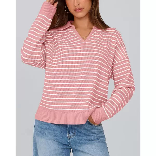 BTFBM Womens Striped Long Sleeve Sweater 2024 Fall Winter Fashion V Neck Lapel Collar Ribbed Knit Loose Pullover TopsStriped Pink
