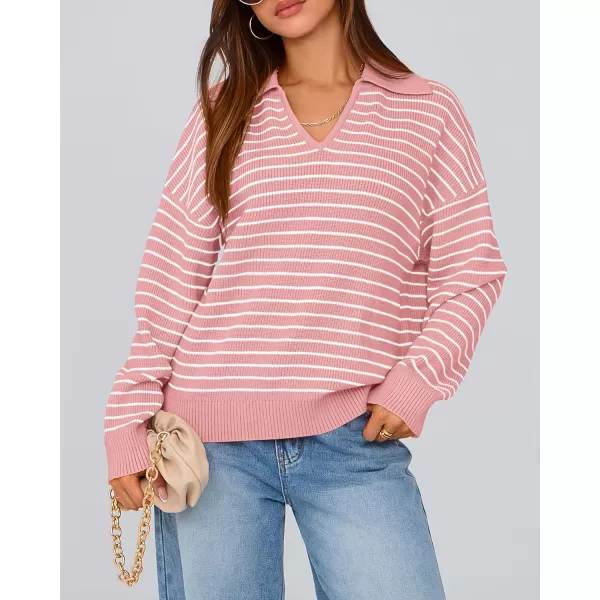 BTFBM Womens Striped Long Sleeve Sweater 2024 Fall Winter Fashion V Neck Lapel Collar Ribbed Knit Loose Pullover TopsStriped Pink