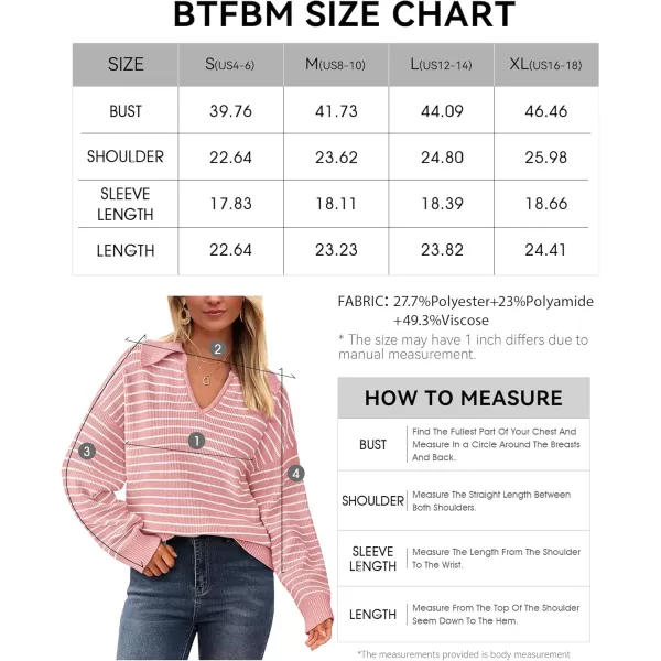BTFBM Womens Striped Long Sleeve Sweater 2024 Fall Winter Fashion V Neck Lapel Collar Ribbed Knit Loose Pullover TopsStriped Pink