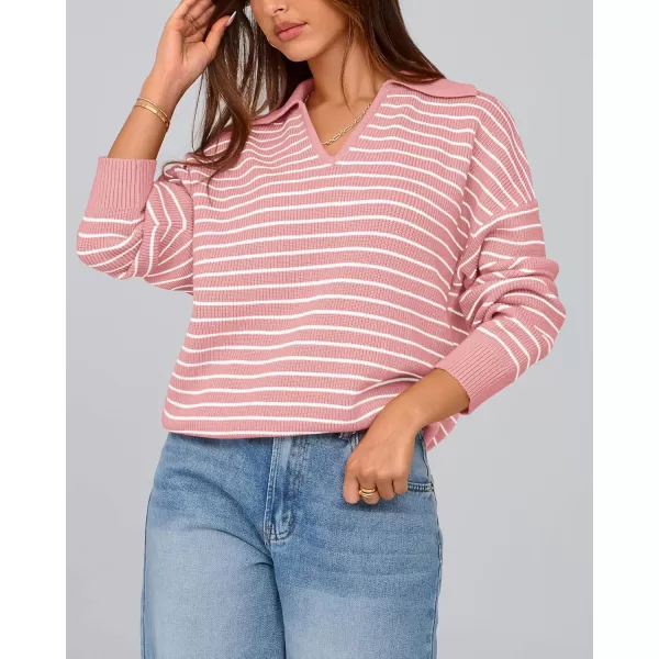 BTFBM Womens Striped Long Sleeve Sweater 2024 Fall Winter Fashion V Neck Lapel Collar Ribbed Knit Loose Pullover TopsStriped Pink