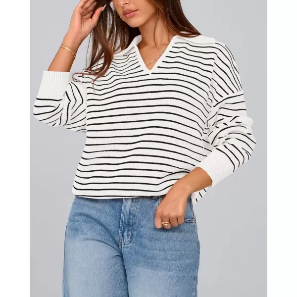 BTFBM Womens Striped Long Sleeve Sweater 2024 Fall Winter Fashion V Neck Lapel Collar Ribbed Knit Loose Pullover TopsStriped White Black