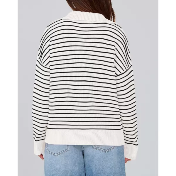 BTFBM Womens Striped Long Sleeve Sweater 2024 Fall Winter Fashion V Neck Lapel Collar Ribbed Knit Loose Pullover TopsStriped White Black
