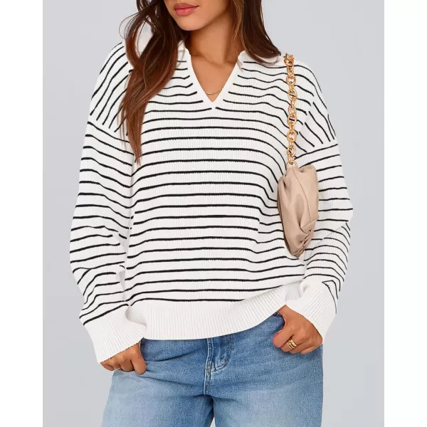 BTFBM Womens Striped Long Sleeve Sweater 2024 Fall Winter Fashion V Neck Lapel Collar Ribbed Knit Loose Pullover TopsStriped White Black