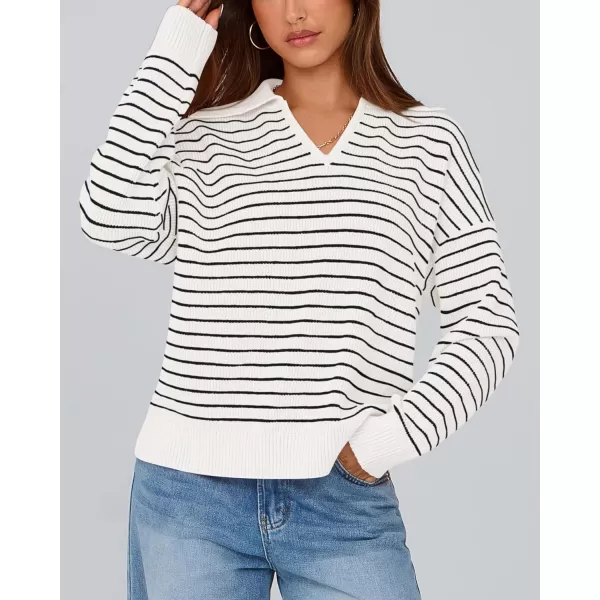 BTFBM Womens Striped Long Sleeve Sweater 2024 Fall Winter Fashion V Neck Lapel Collar Ribbed Knit Loose Pullover TopsStriped White Black