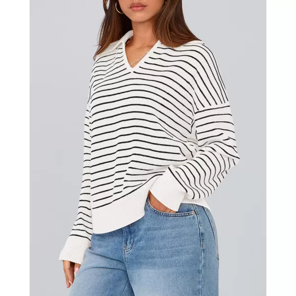 BTFBM Womens Striped Long Sleeve Sweater 2024 Fall Winter Fashion V Neck Lapel Collar Ribbed Knit Loose Pullover TopsStriped White Black