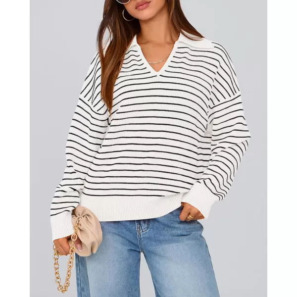 BTFBM Womens Striped Long Sleeve Sweater 2024 Fall Winter Fashion V Neck Lapel Collar Ribbed Knit Loose Pullover TopsStriped White Black