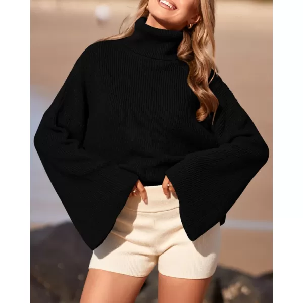 BTFBM Womens Turtleneck Pullover Sweaters 2024 Fall Winter Bell Long Sleeve Slouchy Oversized Ribbed Knit Jumper TopsSolid Black