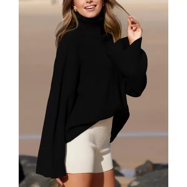 BTFBM Womens Turtleneck Pullover Sweaters 2024 Fall Winter Bell Long Sleeve Slouchy Oversized Ribbed Knit Jumper TopsSolid Black