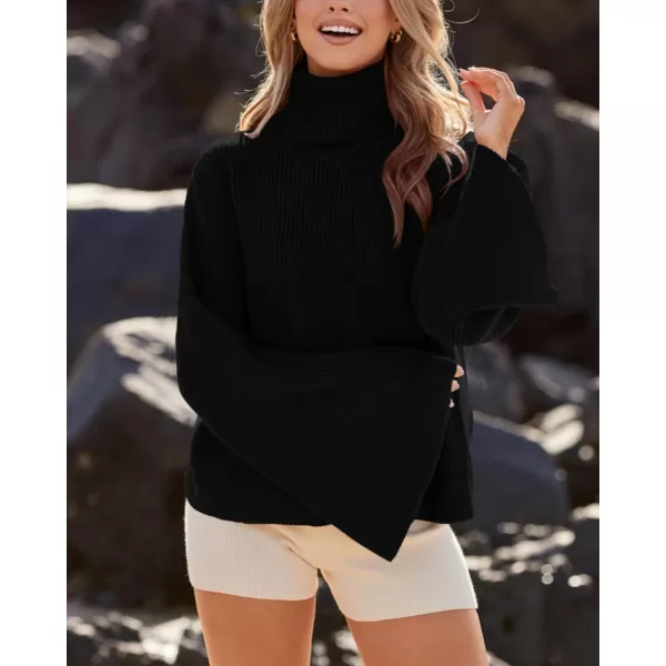 BTFBM Womens Turtleneck Pullover Sweaters 2024 Fall Winter Bell Long Sleeve Slouchy Oversized Ribbed Knit Jumper TopsSolid Black