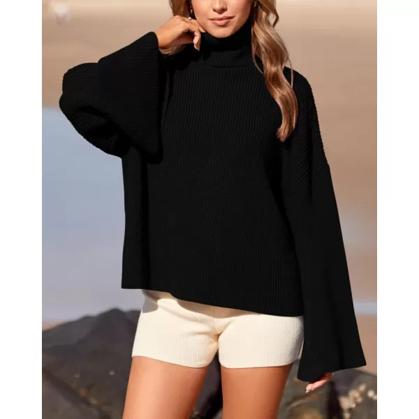 BTFBM Womens Turtleneck Pullover Sweaters 2024 Fall Winter Bell Long Sleeve Slouchy Oversized Ribbed Knit Jumper TopsSolid Black
