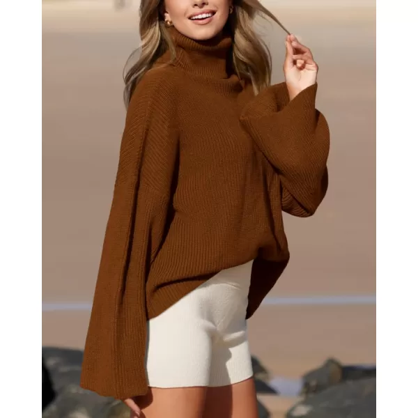 BTFBM Womens Turtleneck Pullover Sweaters 2024 Fall Winter Bell Long Sleeve Slouchy Oversized Ribbed Knit Jumper TopsSolid Brown