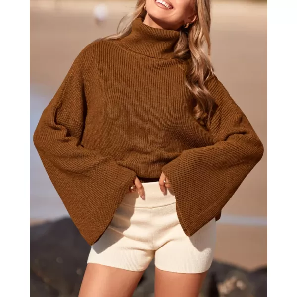 BTFBM Womens Turtleneck Pullover Sweaters 2024 Fall Winter Bell Long Sleeve Slouchy Oversized Ribbed Knit Jumper TopsSolid Brown