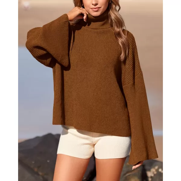 BTFBM Womens Turtleneck Pullover Sweaters 2024 Fall Winter Bell Long Sleeve Slouchy Oversized Ribbed Knit Jumper TopsSolid Brown