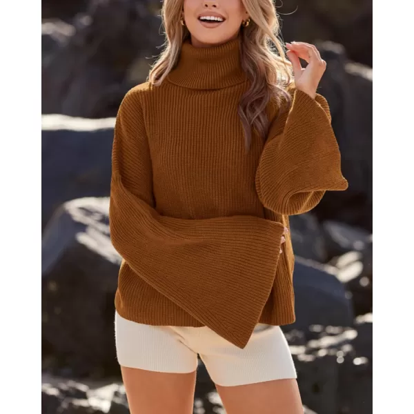 BTFBM Womens Turtleneck Pullover Sweaters 2024 Fall Winter Bell Long Sleeve Slouchy Oversized Ribbed Knit Jumper TopsSolid Brown