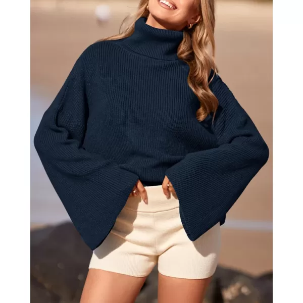 BTFBM Womens Turtleneck Pullover Sweaters 2024 Fall Winter Bell Long Sleeve Slouchy Oversized Ribbed Knit Jumper TopsSolid Dark Blue