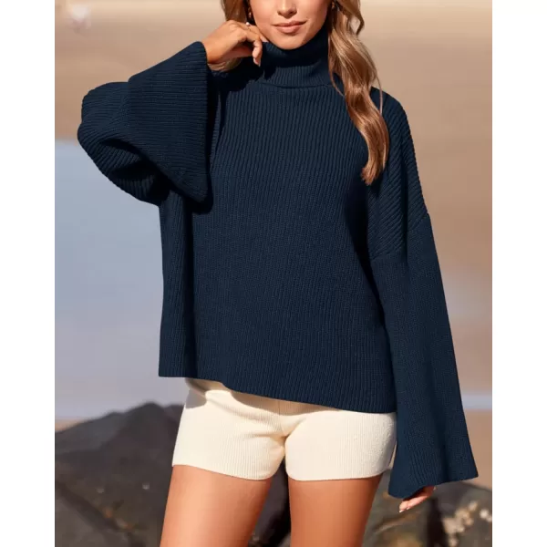 BTFBM Womens Turtleneck Pullover Sweaters 2024 Fall Winter Bell Long Sleeve Slouchy Oversized Ribbed Knit Jumper TopsSolid Dark Blue