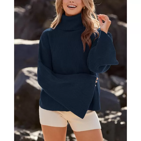 BTFBM Womens Turtleneck Pullover Sweaters 2024 Fall Winter Bell Long Sleeve Slouchy Oversized Ribbed Knit Jumper TopsSolid Dark Blue
