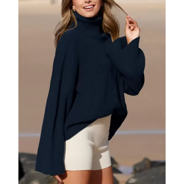 BTFBM Womens Turtleneck Pullover Sweaters 2024 Fall Winter Bell Long Sleeve Slouchy Oversized Ribbed Knit Jumper TopsSolid Dark Blue