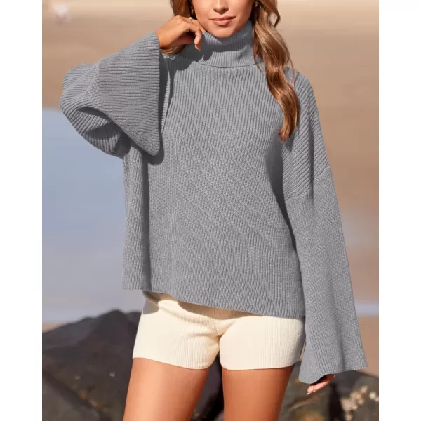 BTFBM Womens Turtleneck Pullover Sweaters 2024 Fall Winter Bell Long Sleeve Slouchy Oversized Ribbed Knit Jumper TopsSolid Grey