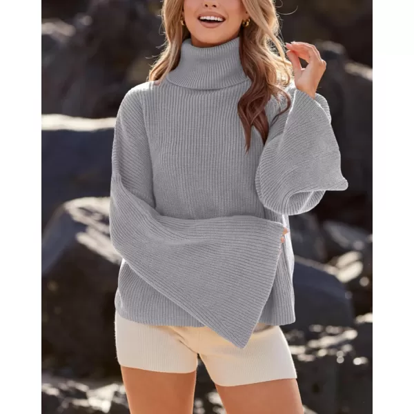 BTFBM Womens Turtleneck Pullover Sweaters 2024 Fall Winter Bell Long Sleeve Slouchy Oversized Ribbed Knit Jumper TopsSolid Grey