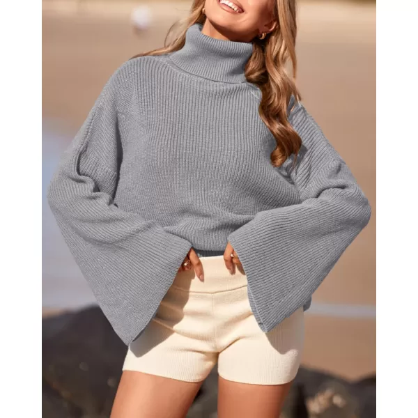 BTFBM Womens Turtleneck Pullover Sweaters 2024 Fall Winter Bell Long Sleeve Slouchy Oversized Ribbed Knit Jumper TopsSolid Grey
