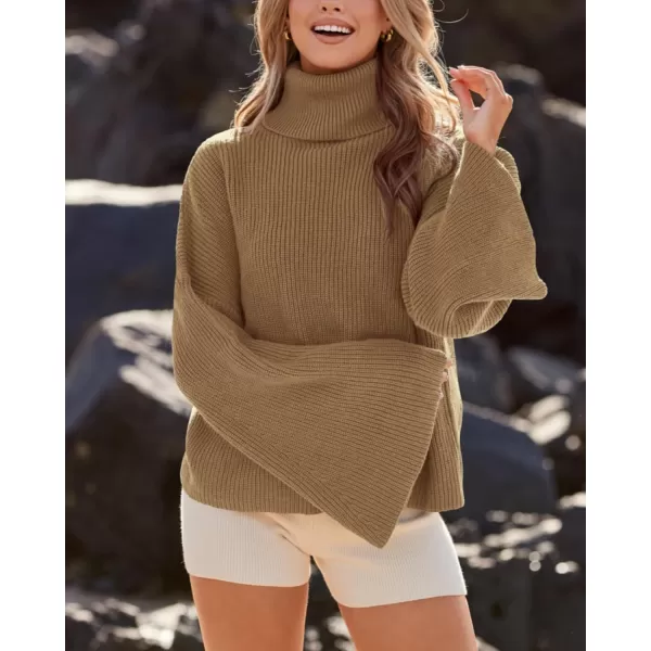 BTFBM Womens Turtleneck Pullover Sweaters 2024 Fall Winter Bell Long Sleeve Slouchy Oversized Ribbed Knit Jumper TopsSolid Khaki