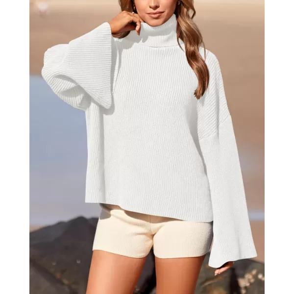 BTFBM Womens Turtleneck Pullover Sweaters 2024 Fall Winter Bell Long Sleeve Slouchy Oversized Ribbed Knit Jumper TopsSolid White