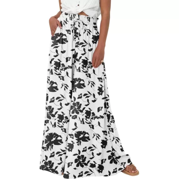 BTFBM Women Casual High Waist Wide Leg Pants Summer Floral Solid Long Palazzo Pants Lounge Beach Trousers with PocketPrint Black