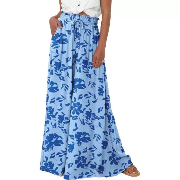 BTFBM Women Casual High Waist Wide Leg Pants Summer Floral Solid Long Palazzo Pants Lounge Beach Trousers with PocketPrint Blue