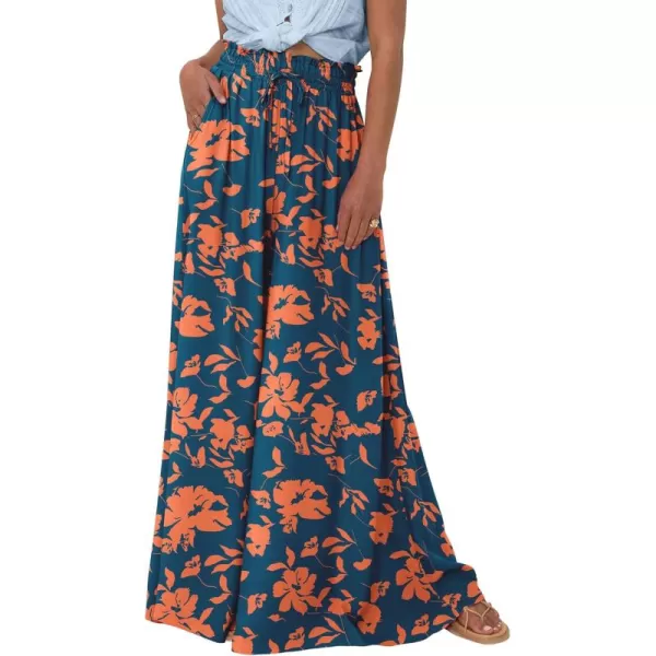 BTFBM Women Casual High Waist Wide Leg Pants Summer Floral Solid Long Palazzo Pants Lounge Beach Trousers with PocketPrint Dark Blue Orange