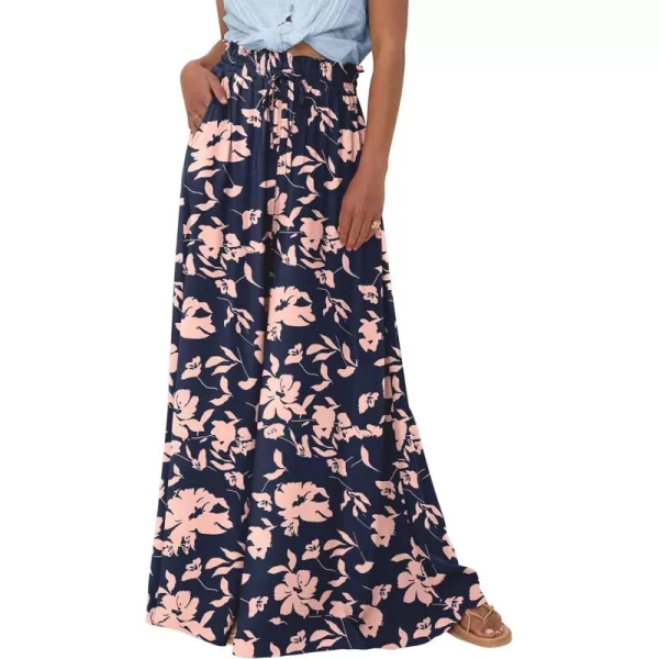 BTFBM Women Casual High Waist Wide Leg Pants Summer Floral Solid Long Palazzo Pants Lounge Beach Trousers with PocketPrint Navy Pink