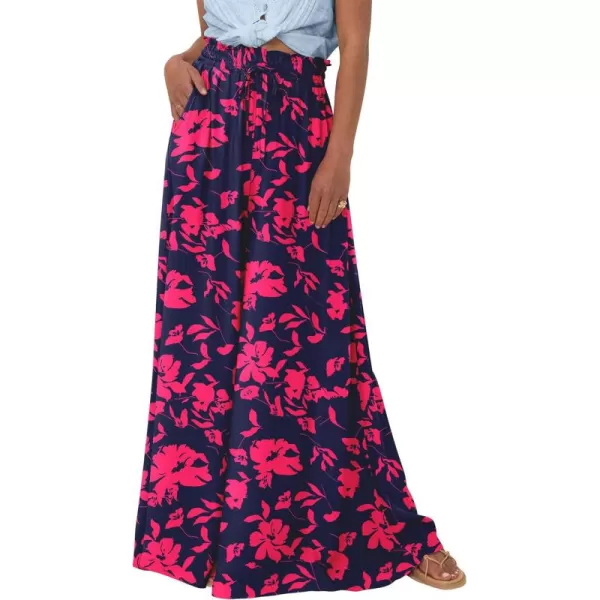 BTFBM Women Casual High Waist Wide Leg Pants Summer Floral Solid Long Palazzo Pants Lounge Beach Trousers with PocketPrint Navy Rose Red