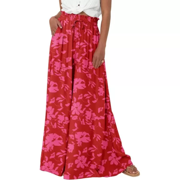 BTFBM Women Casual High Waist Wide Leg Pants Summer Floral Solid Long Palazzo Pants Lounge Beach Trousers with PocketPrint Red