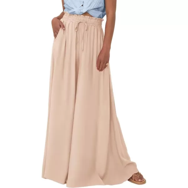 BTFBM Women Casual High Waist Wide Leg Pants Summer Floral Solid Long Palazzo Pants Lounge Beach Trousers with PocketSolid Beige