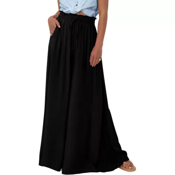 BTFBM Women Casual High Waist Wide Leg Pants Summer Floral Solid Long Palazzo Pants Lounge Beach Trousers with PocketSolid Black