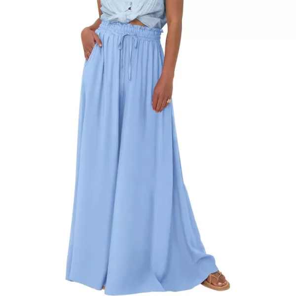 BTFBM Women Casual High Waist Wide Leg Pants Summer Floral Solid Long Palazzo Pants Lounge Beach Trousers with PocketSolid Blue