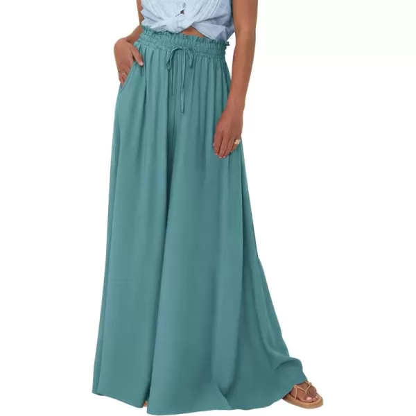 BTFBM Women Casual High Waist Wide Leg Pants Summer Floral Solid Long Palazzo Pants Lounge Beach Trousers with PocketSolid Blue Green