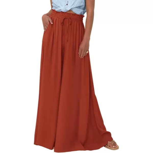 BTFBM Women Casual High Waist Wide Leg Pants Summer Floral Solid Long Palazzo Pants Lounge Beach Trousers with PocketSolid Brick Red
