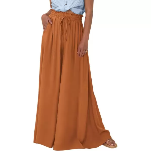 BTFBM Women Casual High Waist Wide Leg Pants Summer Floral Solid Long Palazzo Pants Lounge Beach Trousers with PocketSolid Brown