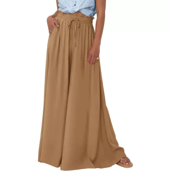 BTFBM Women Casual High Waist Wide Leg Pants Summer Floral Solid Long Palazzo Pants Lounge Beach Trousers with PocketSolid Khaki