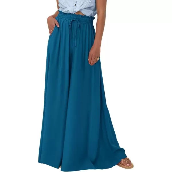 BTFBM Women Casual High Waist Wide Leg Pants Summer Floral Solid Long Palazzo Pants Lounge Beach Trousers with PocketSolid Lake Blue