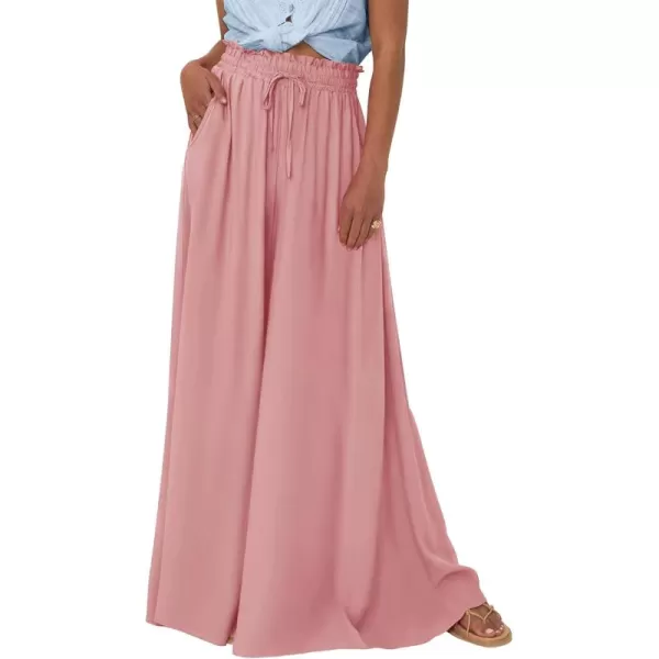 BTFBM Women Casual High Waist Wide Leg Pants Summer Floral Solid Long Palazzo Pants Lounge Beach Trousers with PocketSolid Pink
