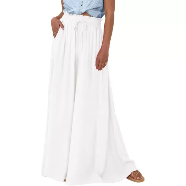 BTFBM Women Casual High Waist Wide Leg Pants Summer Floral Solid Long Palazzo Pants Lounge Beach Trousers with PocketSolid White