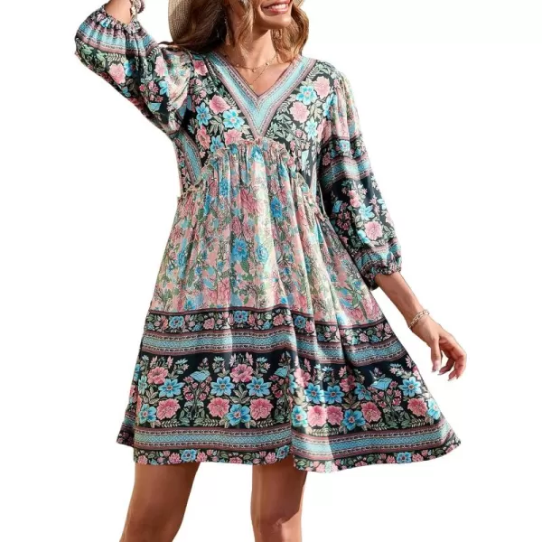 BTFBM Women Casual Spring Summer Dresses V Neck 34 Long Sleeve Ruffle Floral Flowy Boho Babydoll Mini Short Beach DressFloral Apricot