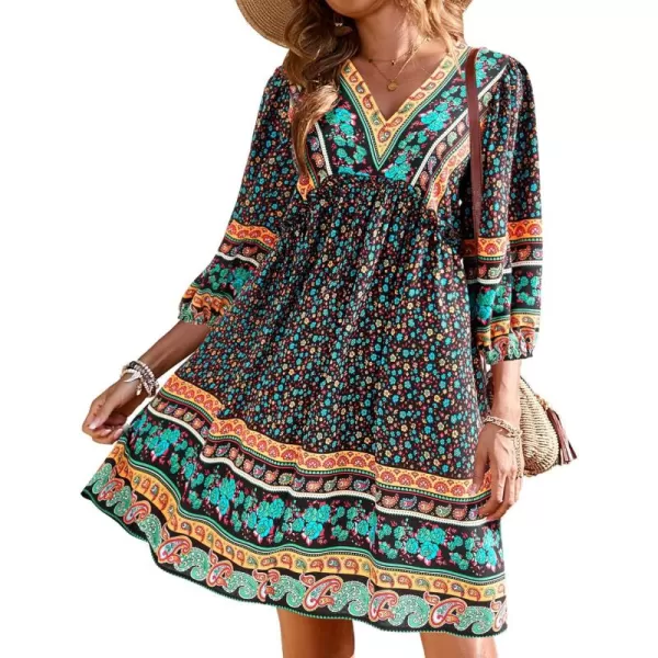 BTFBM Women Casual Spring Summer Dresses V Neck 34 Long Sleeve Ruffle Floral Flowy Boho Babydoll Mini Short Beach DressFloral Black