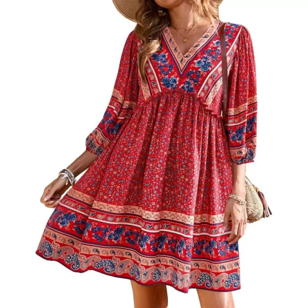 BTFBM Women Casual Spring Summer Dresses V Neck 34 Long Sleeve Ruffle Floral Flowy Boho Babydoll Mini Short Beach DressFloral Blue Red