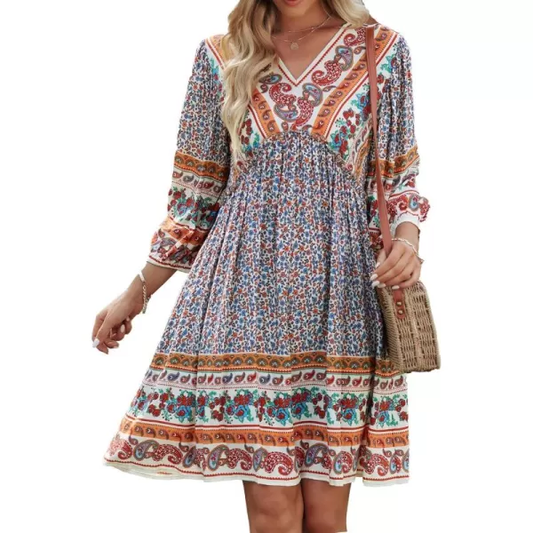 BTFBM Women Casual Spring Summer Dresses V Neck 34 Long Sleeve Ruffle Floral Flowy Boho Babydoll Mini Short Beach DressFloral Brown Apricot